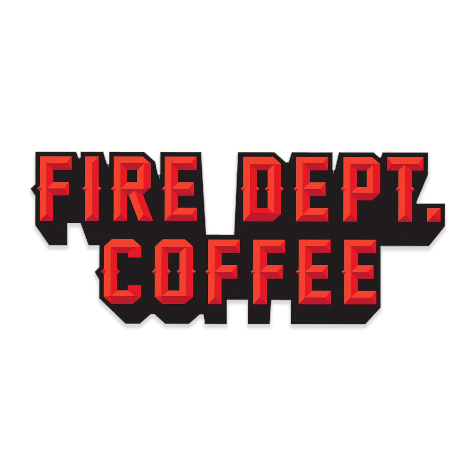 Sticker with "Fire Dept. Coffee" on it in red, 3D lettering