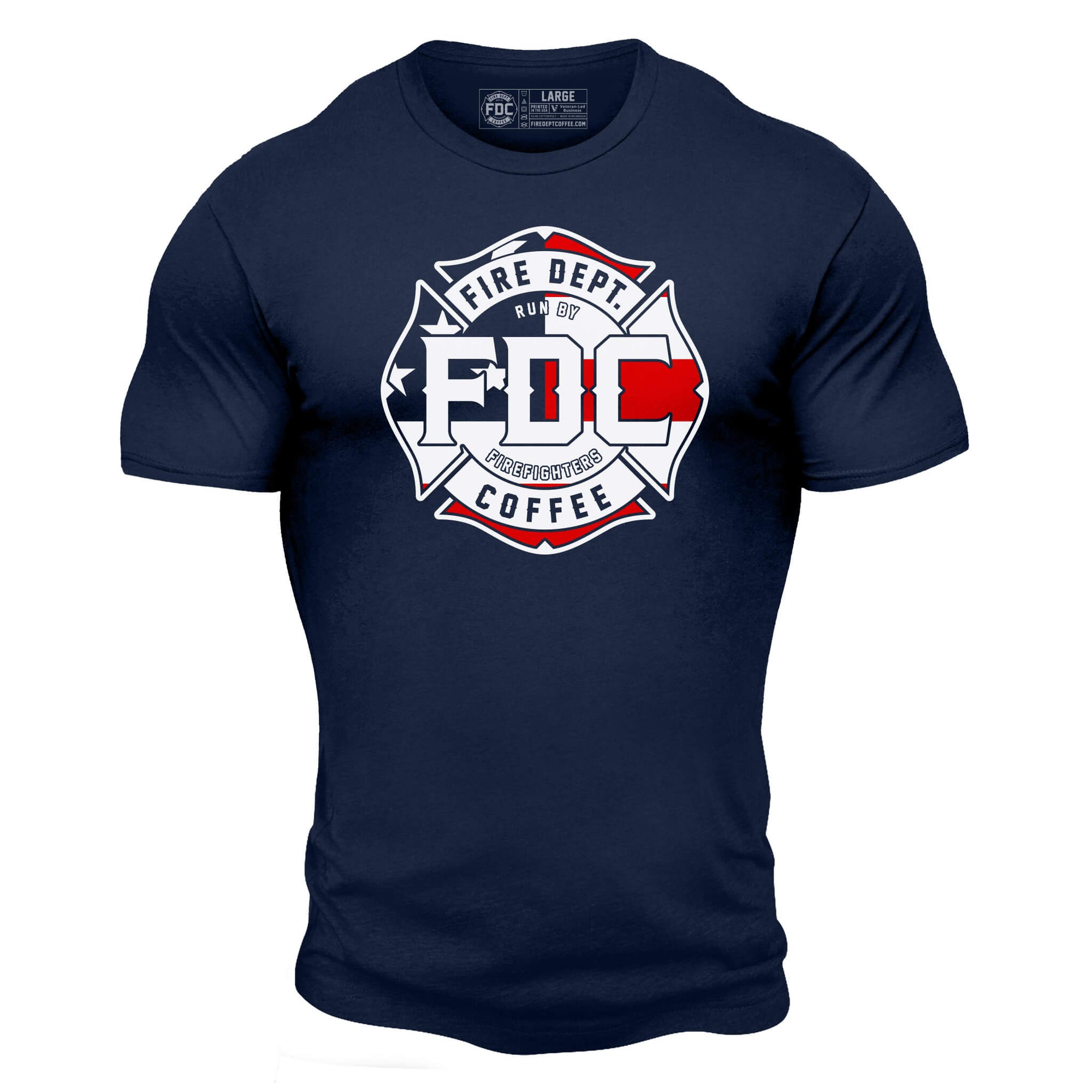 Navy t shirt with a large FDC maltese cross logo over an American flag background on chest.