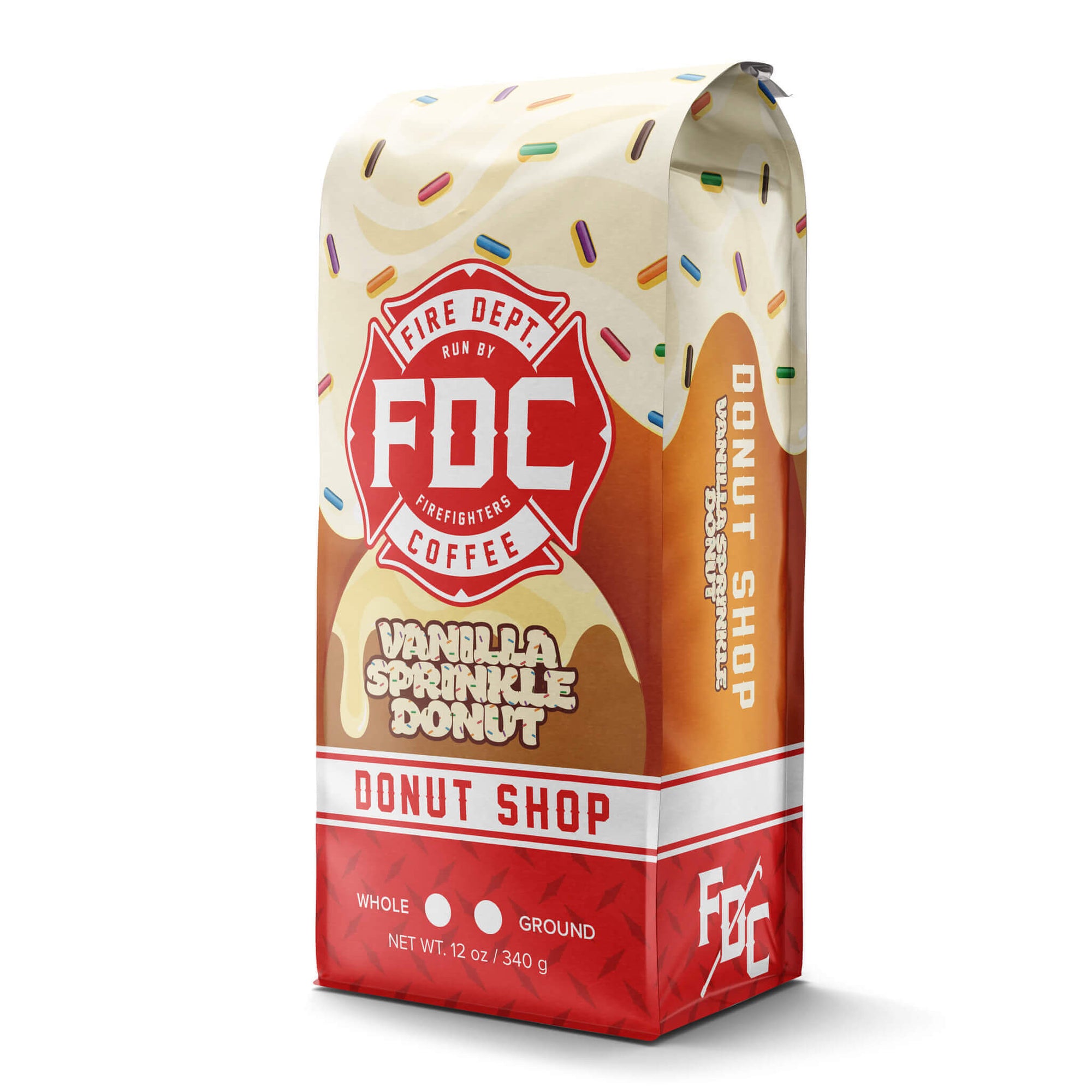 Fire Dept. Coffee's 12 ounce Vanilla Sprinkle Donut Shop Coffee in a rectangular package
