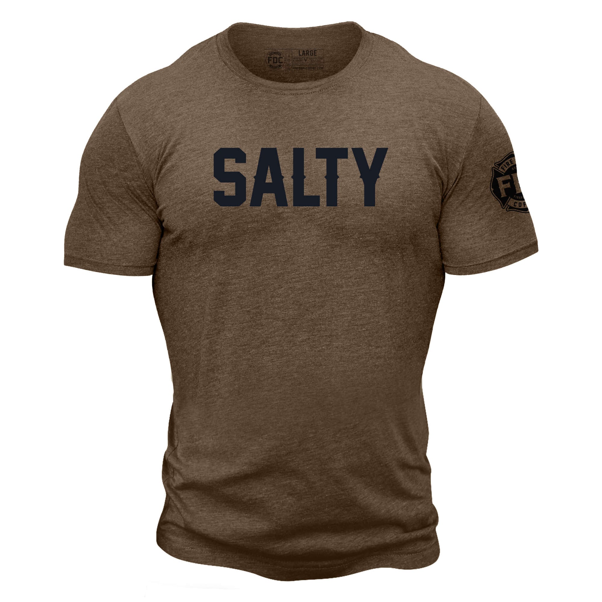 A heathered, espresso color t shirt with the text "Salty" across the chest in large, black letters. The black FDC maltese cross is on the sleeve.