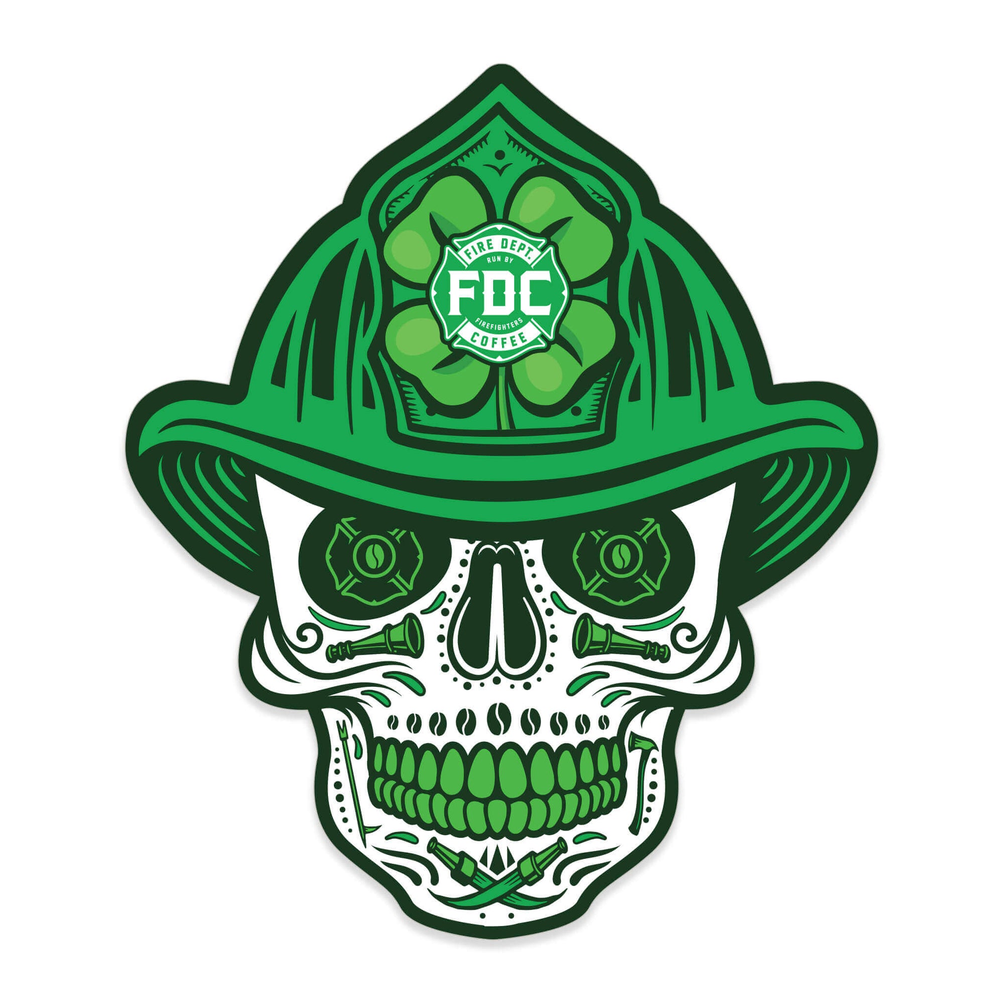Sticker with the FDC skull design with green accents and a green clover fire helmet.