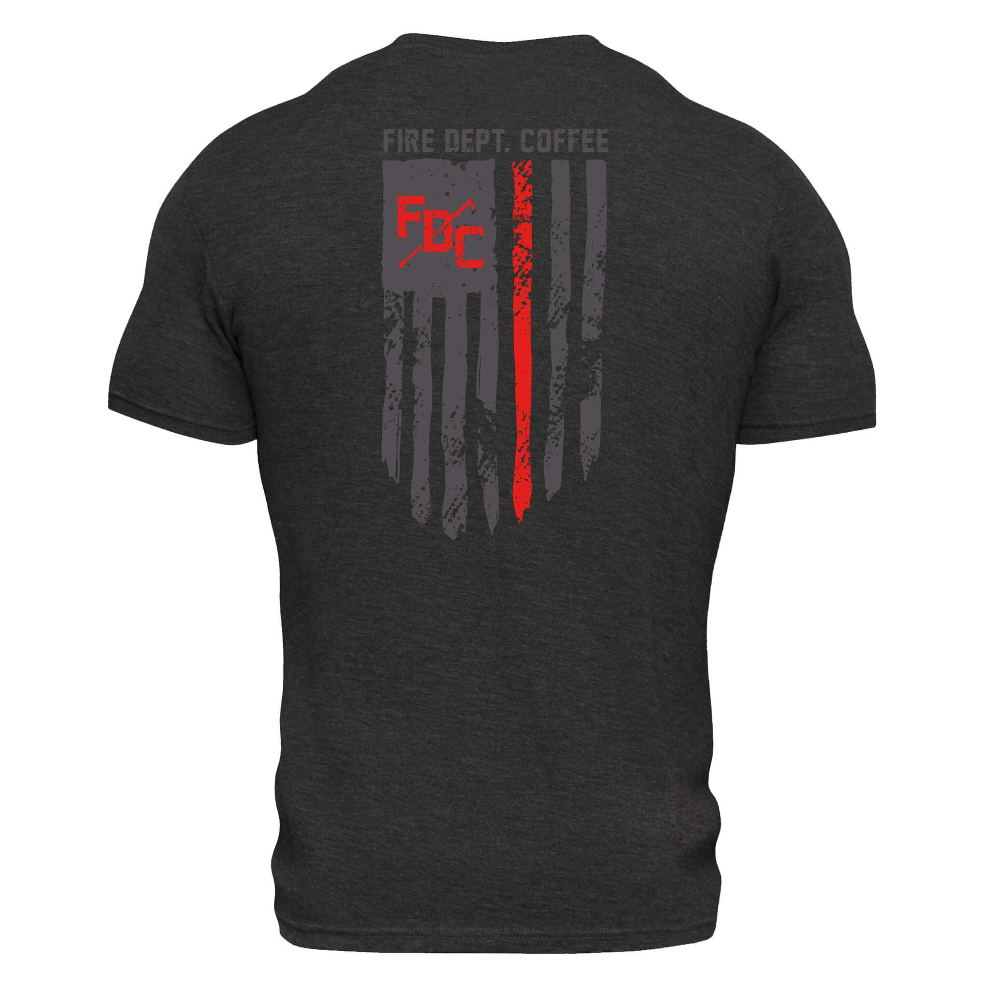 The back of a black t shirt with the thin red line going down the back. FDC pike pole logo is in the top right corner of the flag in red and text "fire dept. coffee" is above the flag.