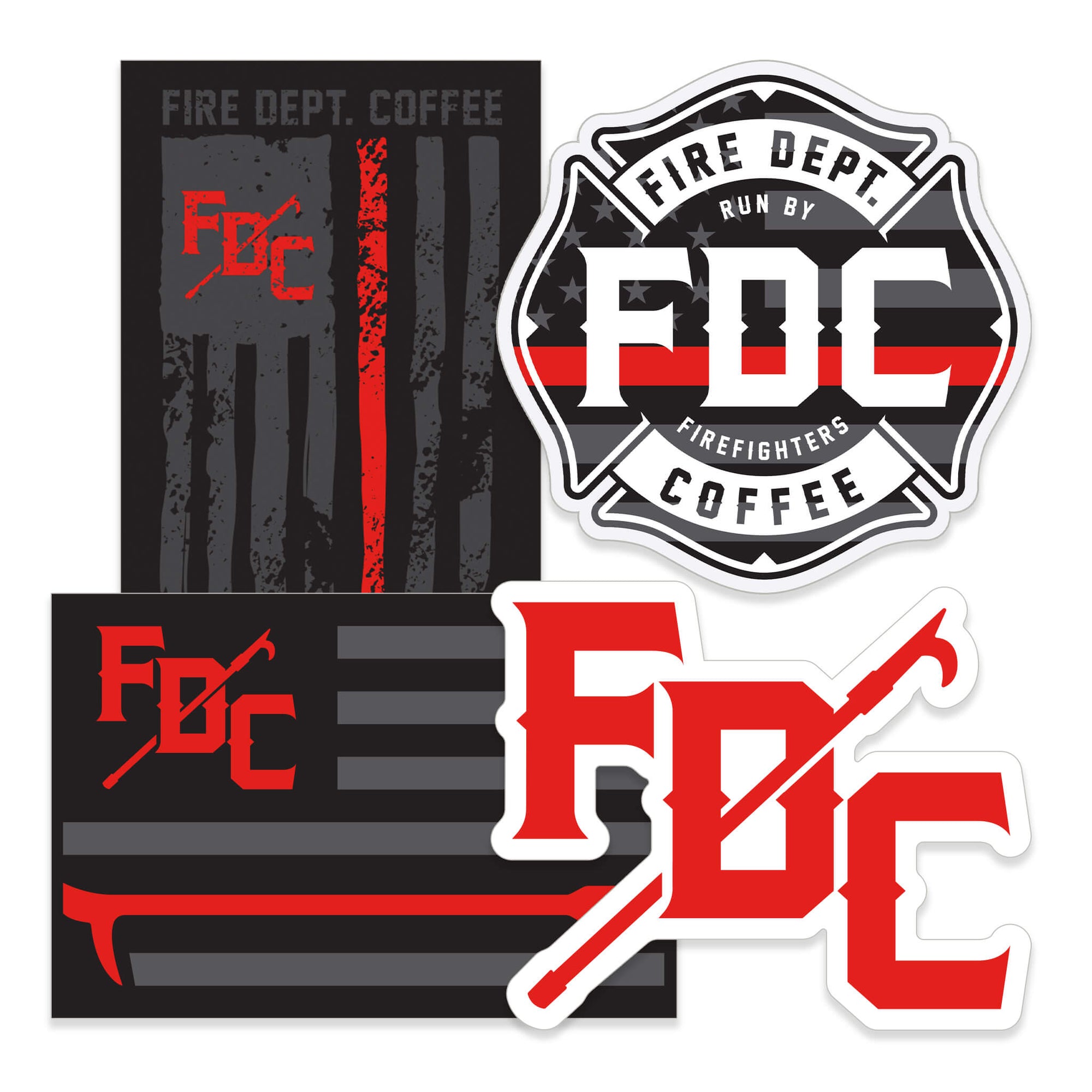 A variety 4 pack of Fire Department Coffee Thin Red Line stickers.