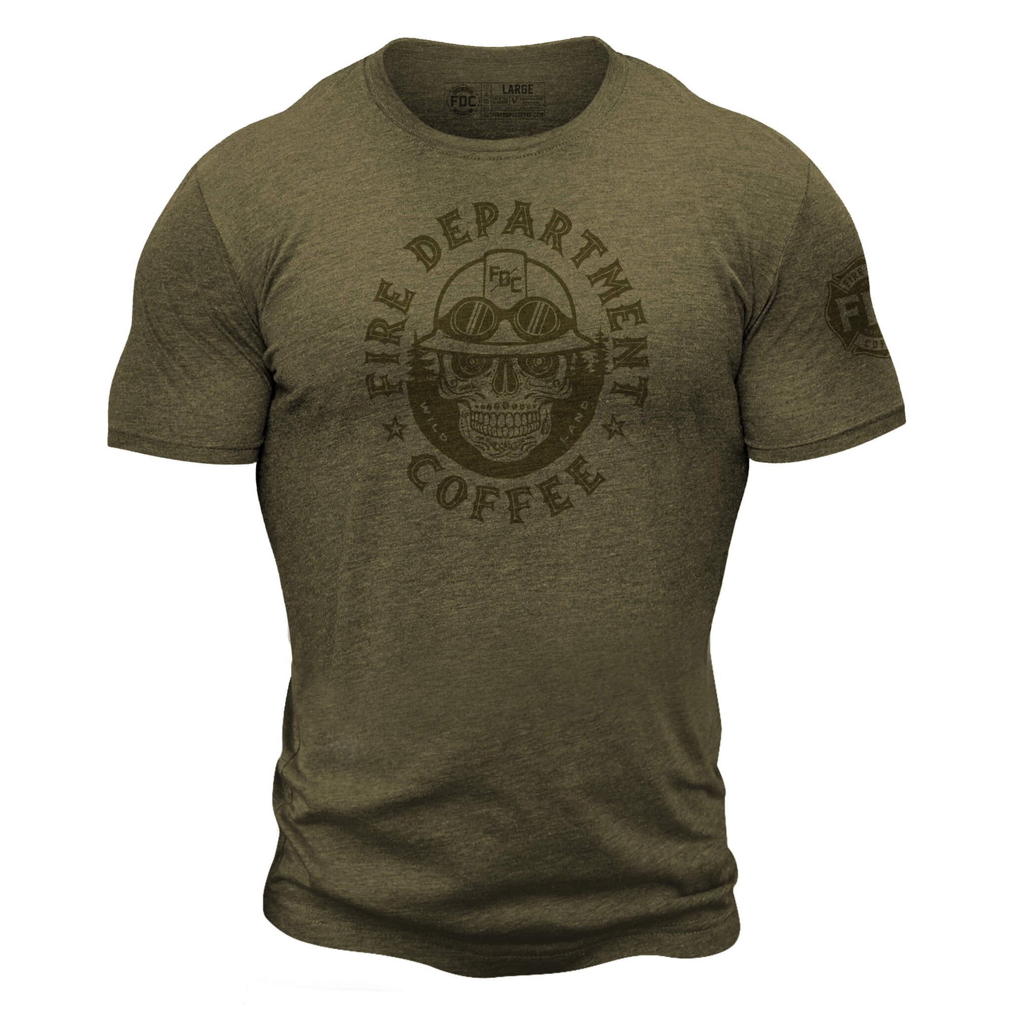 Green shirt with a skull wearing an FDC helmet. Around the skull is the text "Fire Department Coffee". There is an FDC maltese cross logo on the sleeve.