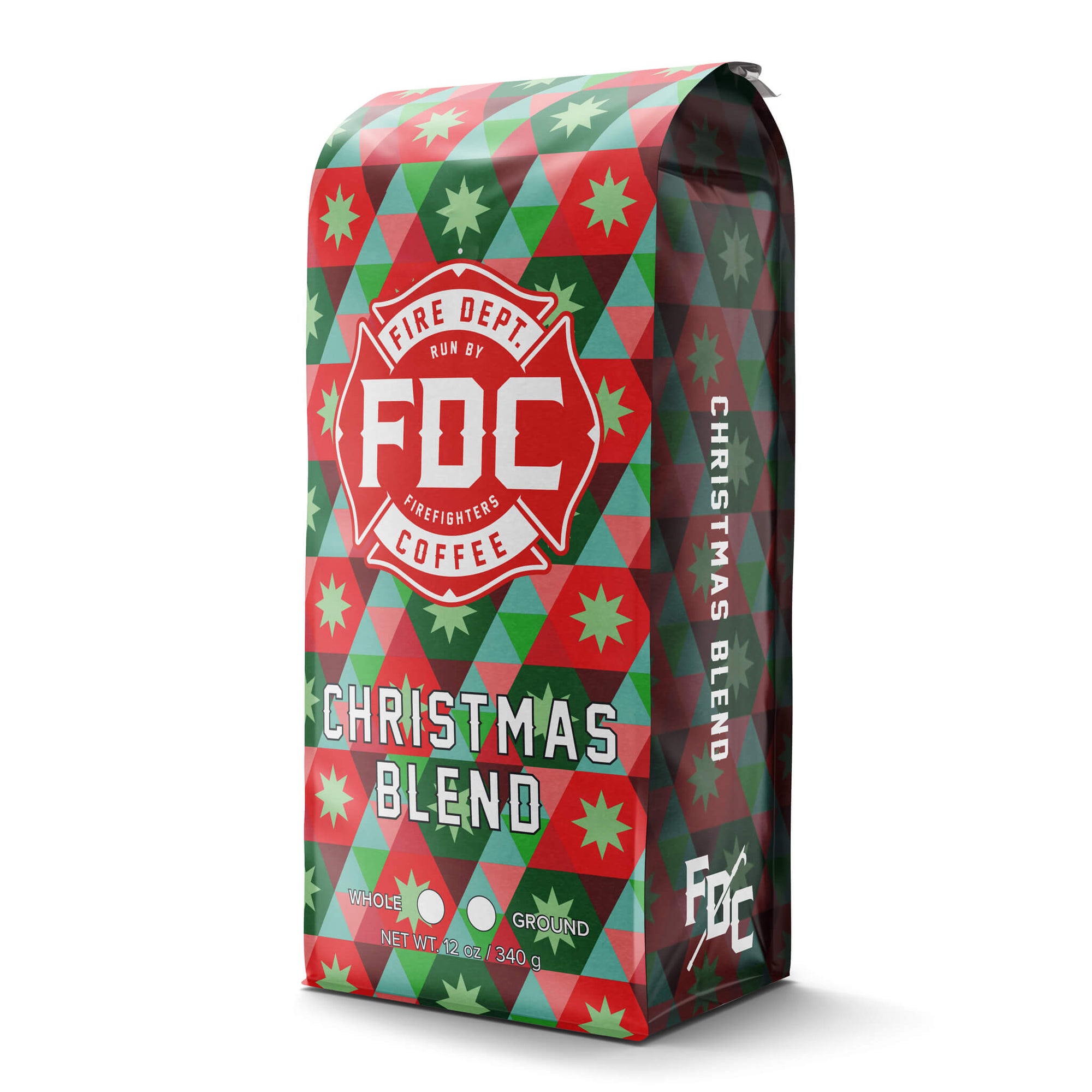 Fire Dept. Coffee's 12 ounce Christmas Blend Coffee in a rectangular package