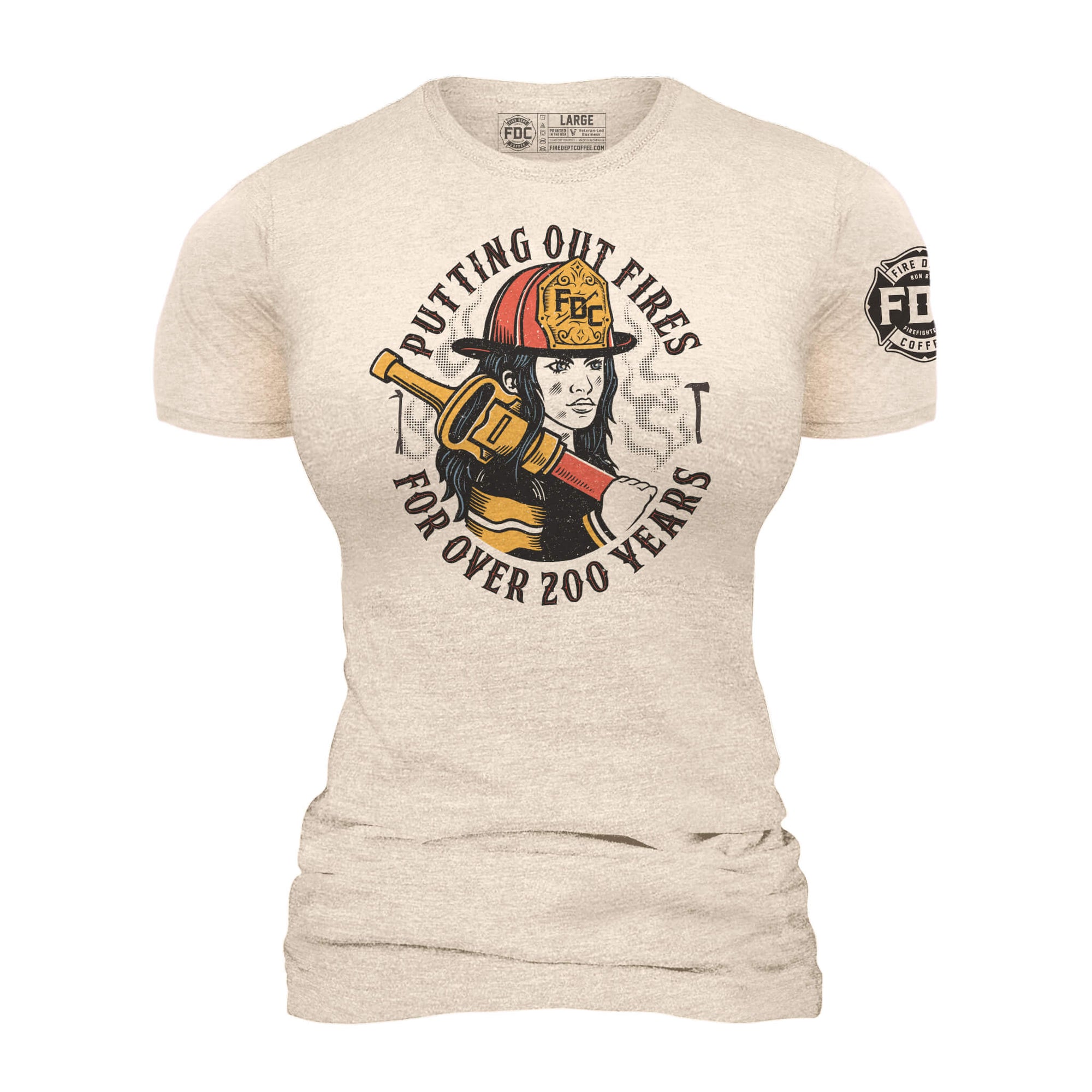 Image of a cream colored shirt with a graphic of a female firefighter on the front of the shirt.