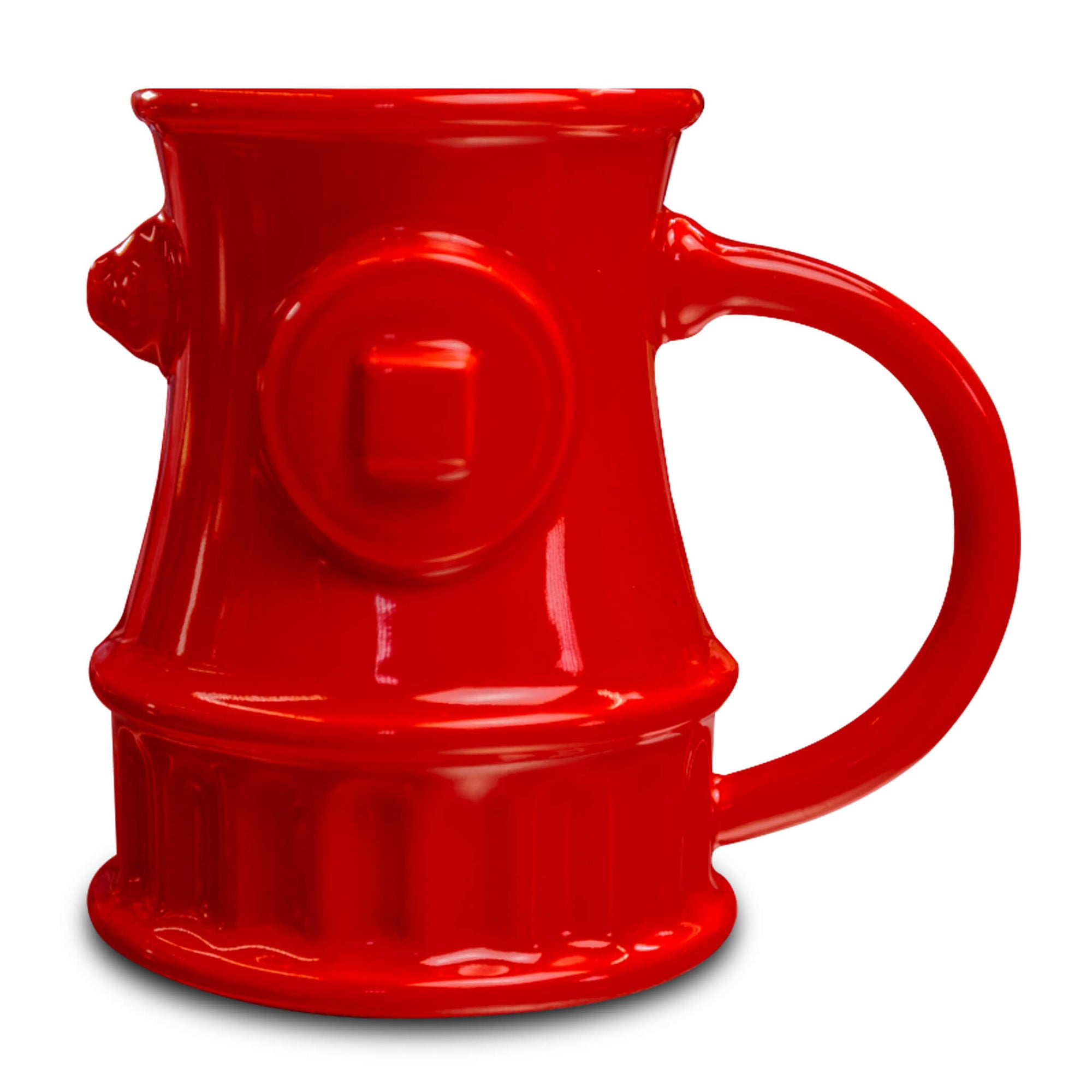 A red coffee mug shaped like a fire hydrant.