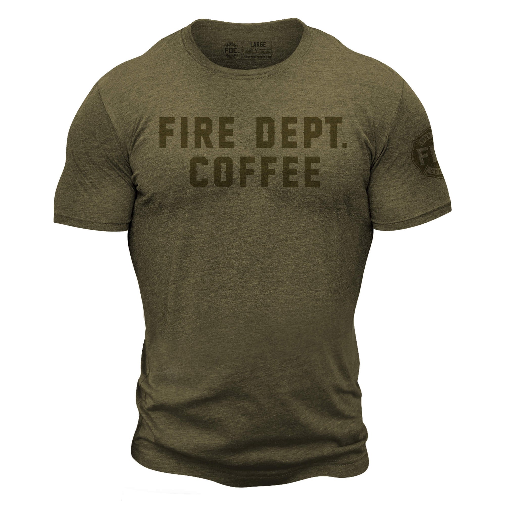 Military green short sleeve t shirt with "Fire Dept. Coffee" in large letters across the chest and the FDC maltese cross logo on the sleeve 