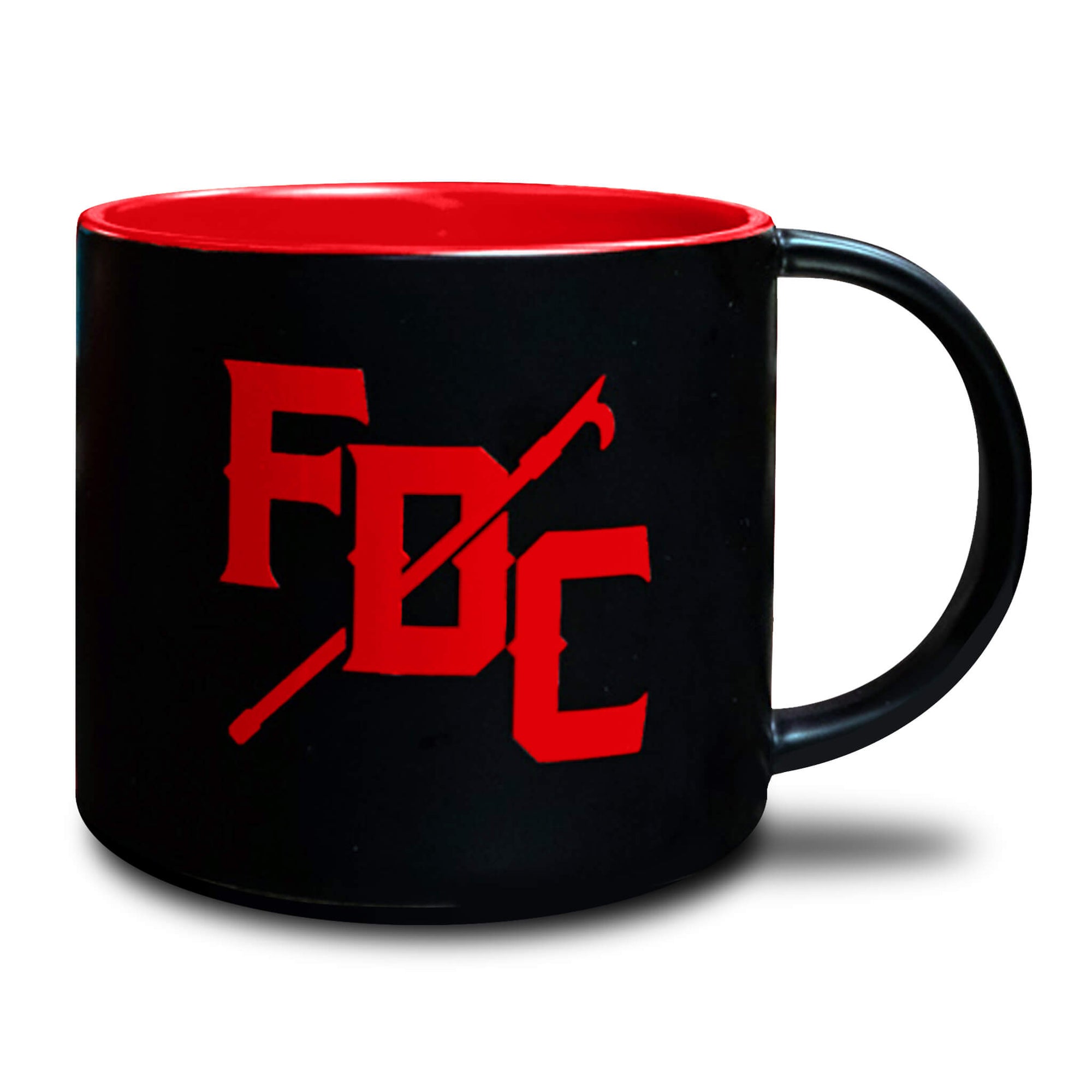 Black mug with red FDC pike pole logo on the front and red inside of the mug.