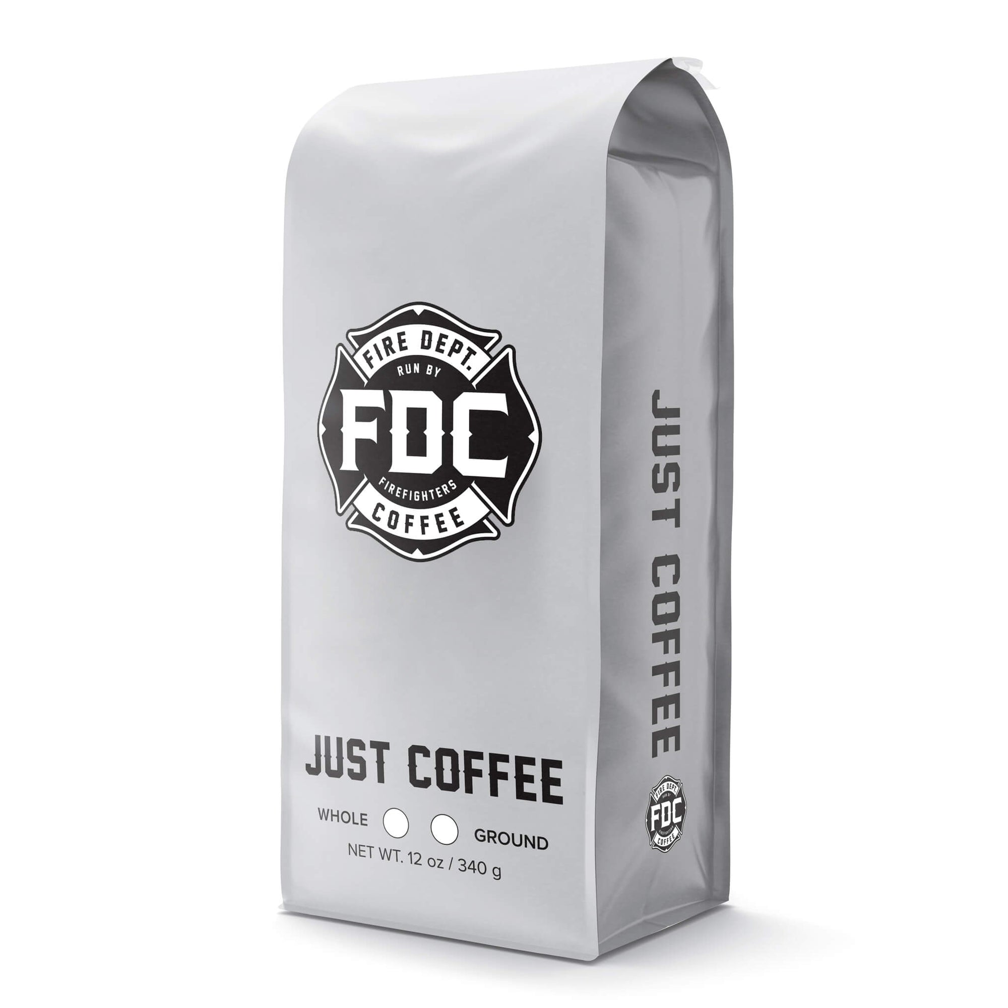 Fire Dept. Coffee's 12 ounce Just Coffee in a rectangular package