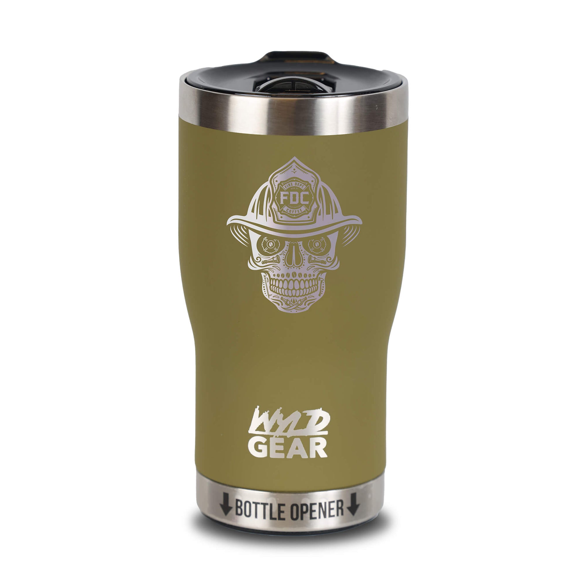 Front view of green tumbler with engraved FDC skull logo
