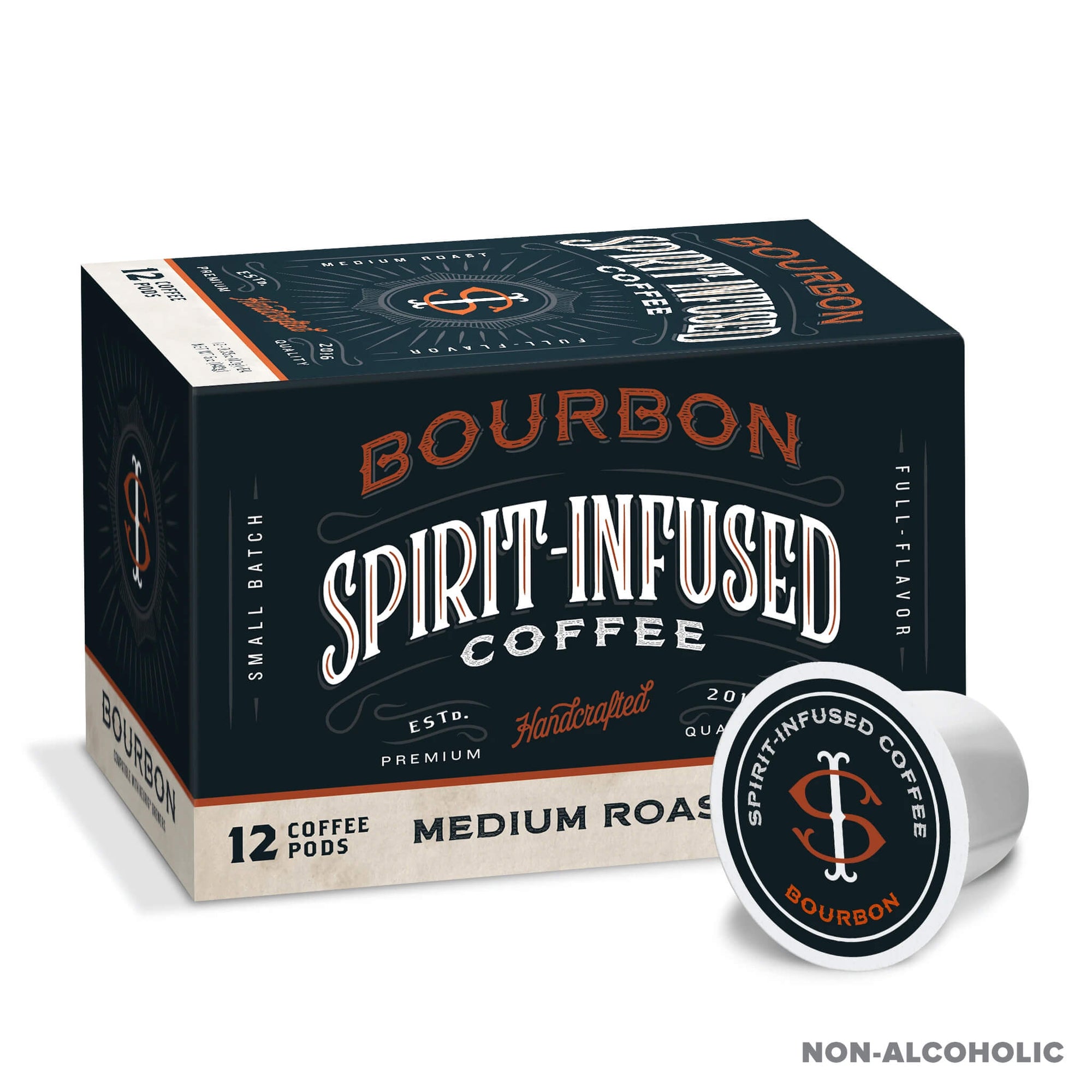 A 12 count box of Fire Department Coffee's Bourbon Infused Coffee Pods with a "non-alcoholic" stamp in the bottom right corner