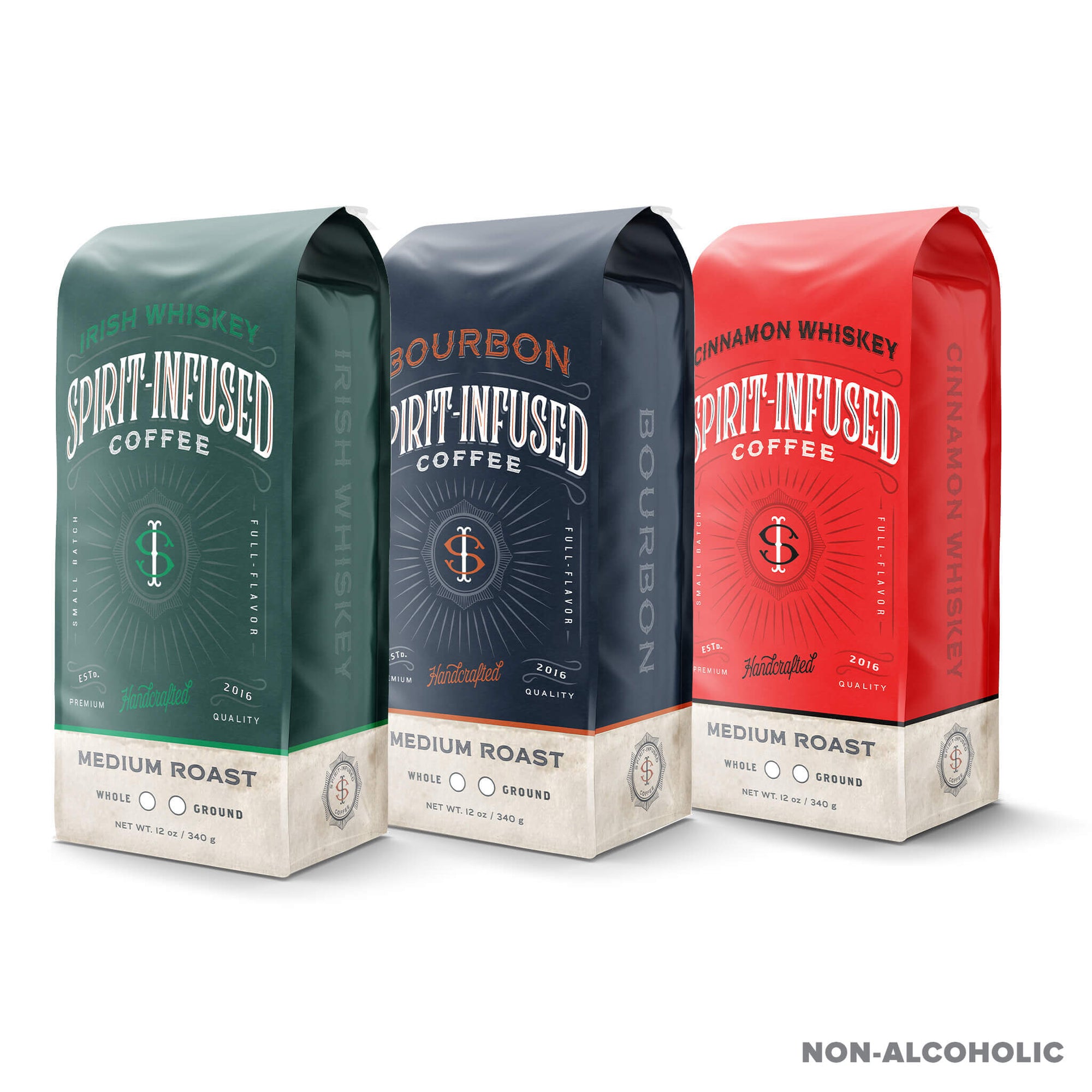 Three bags of Fire Department Coffee's Spirit Infused Coffee. From front to back: Irish Whiskey Infused Coffee bag, Bourbon Infused Coffee bag, and Cinnamon Whiskey Infused Coffee bag. Includes a "non alcoholic" stamp in the bottom right corner.