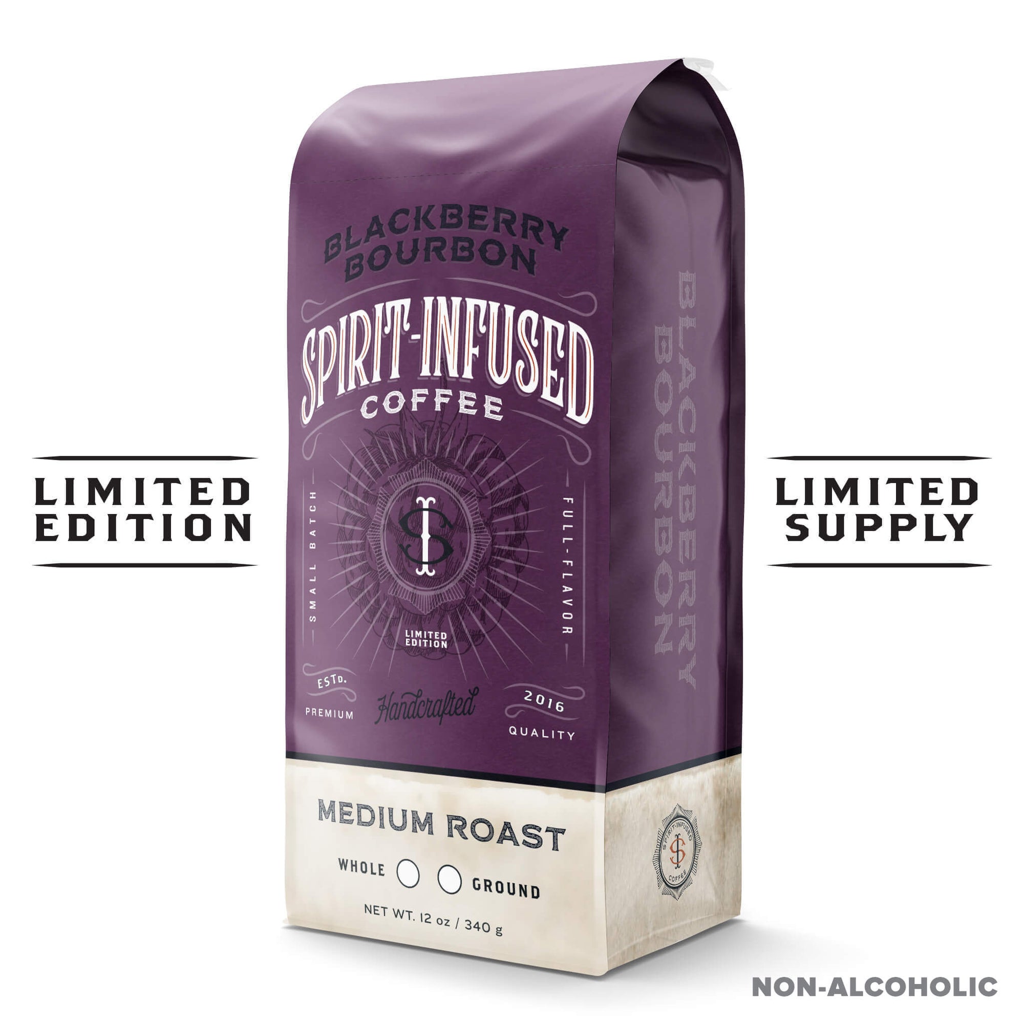 Fire Dept. Coffee's 12 ounce Blackberry Bourbon Infused Coffee package in a rectangular package. "Limited Edition" is to the left of the bag and "Limited Supply" is to the right of the bag. Non alcoholic stamp is in the bottom right corner.