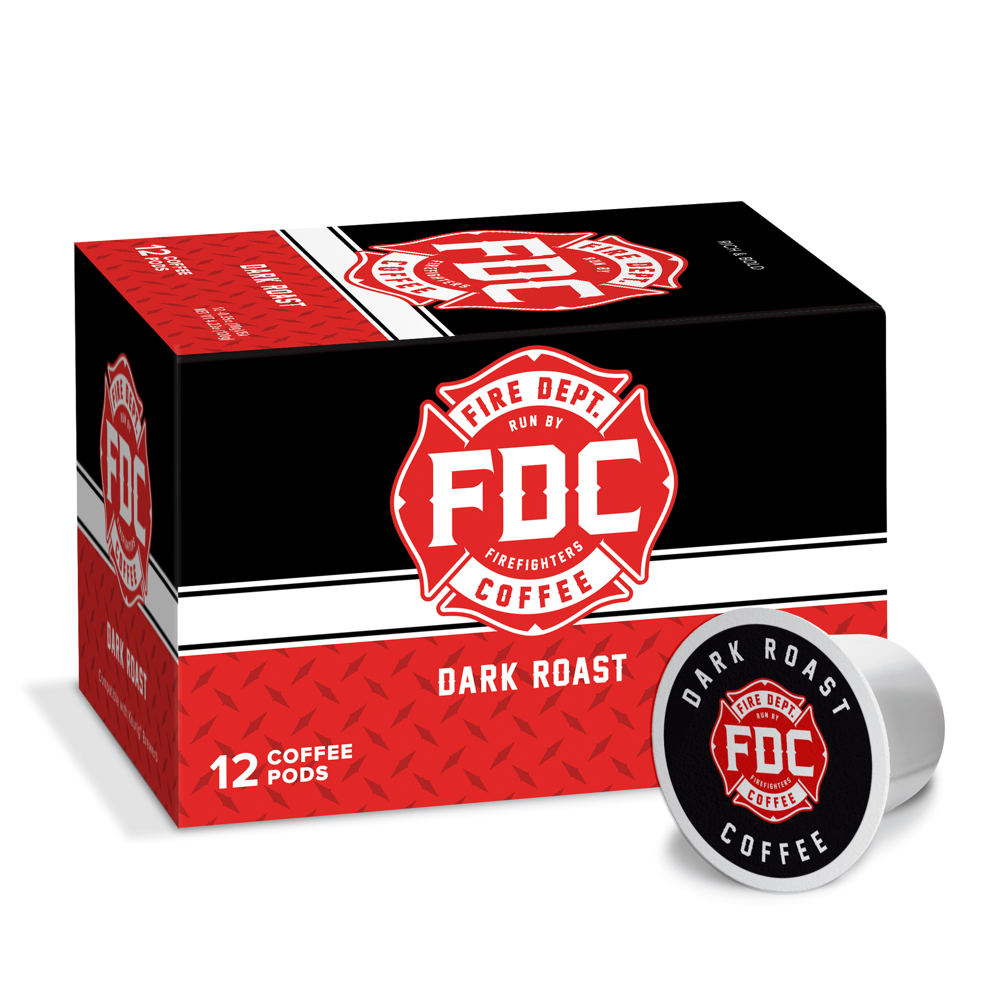 A 12 count box of Fire Department Coffee's Dark Roast Coffee Pods 