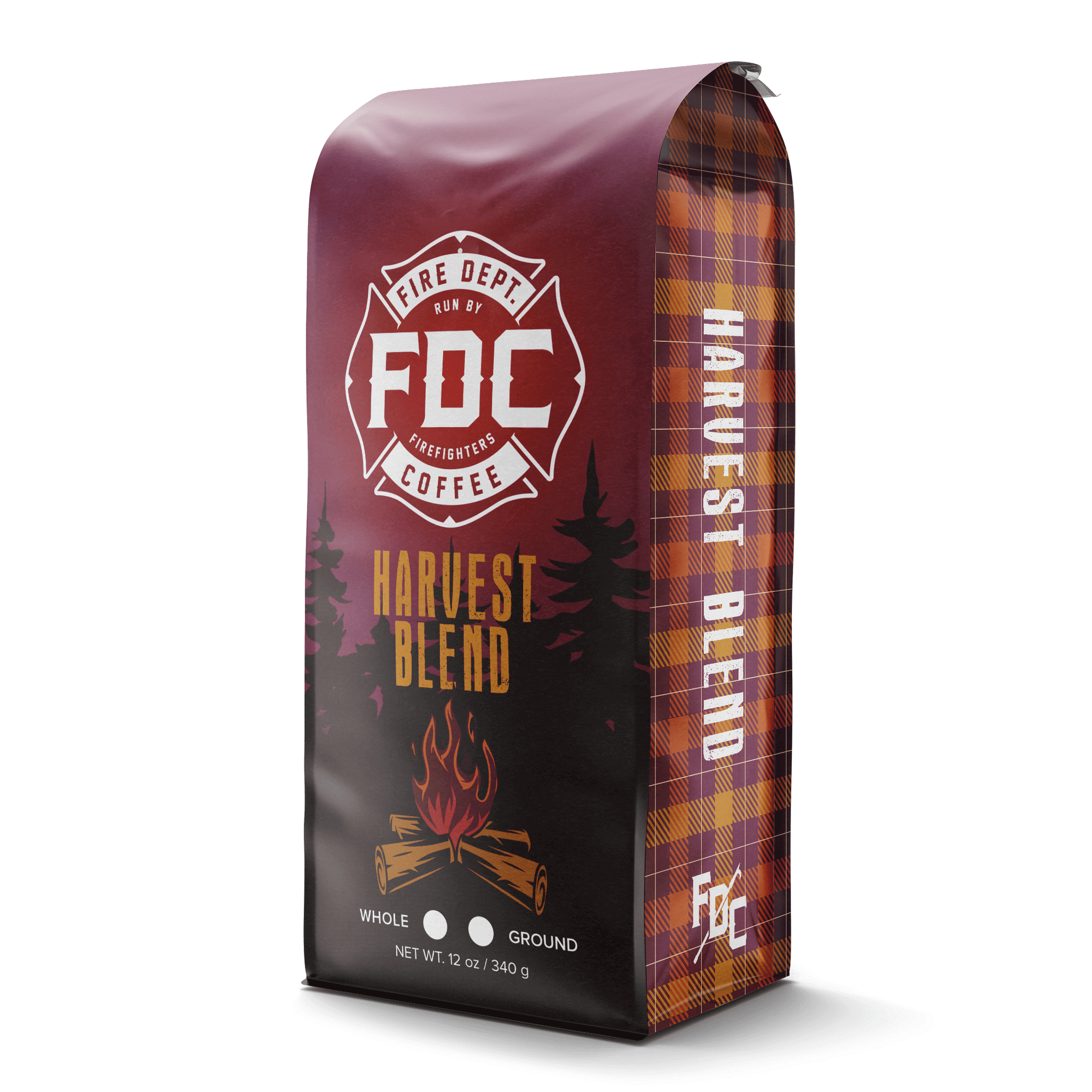 A 12-ounce package of Fire Department Coffee's Harvest Blend Coffee Roast.