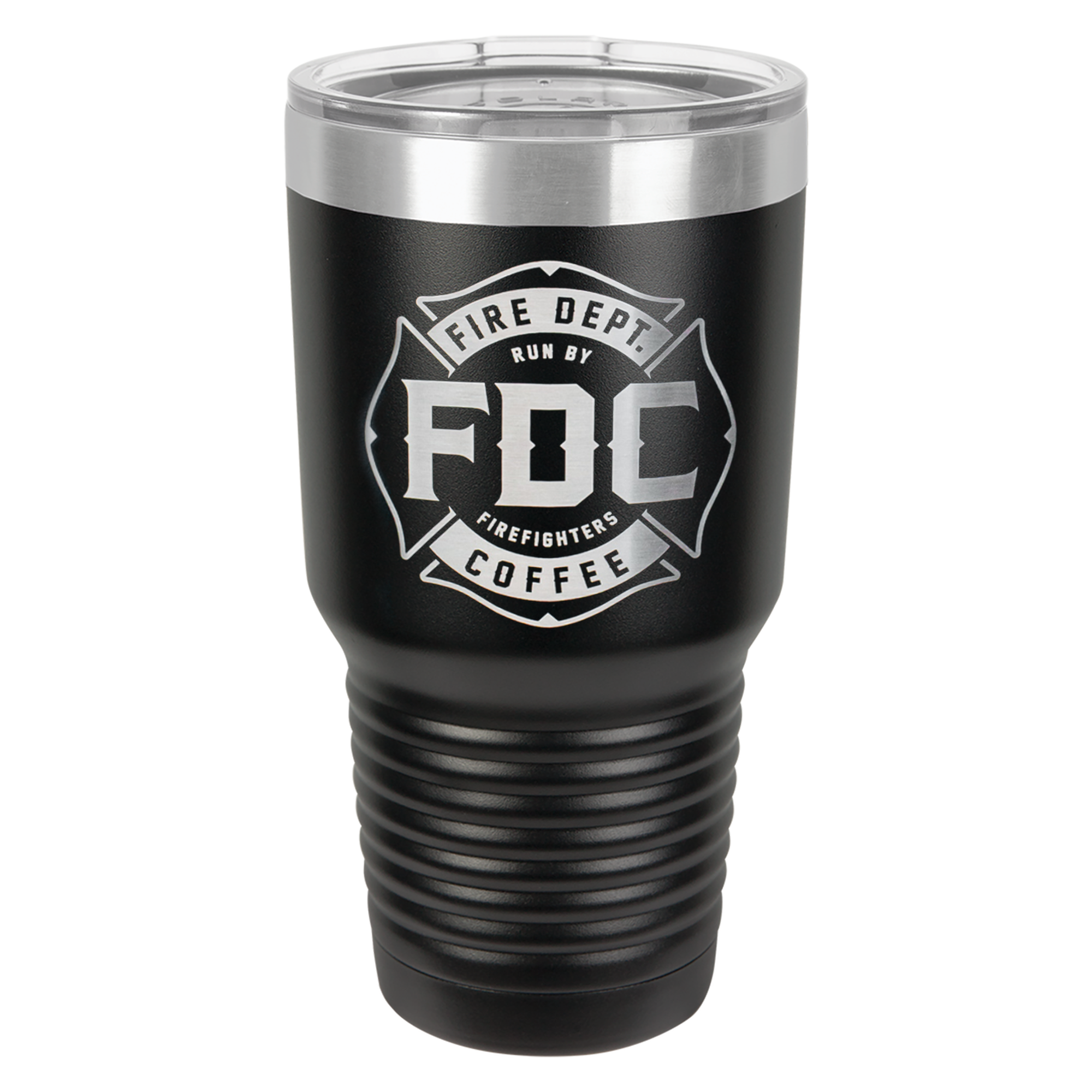 A black Fire Dept. Coffee tumbler with the company's maltese cross logo featured prominently.
