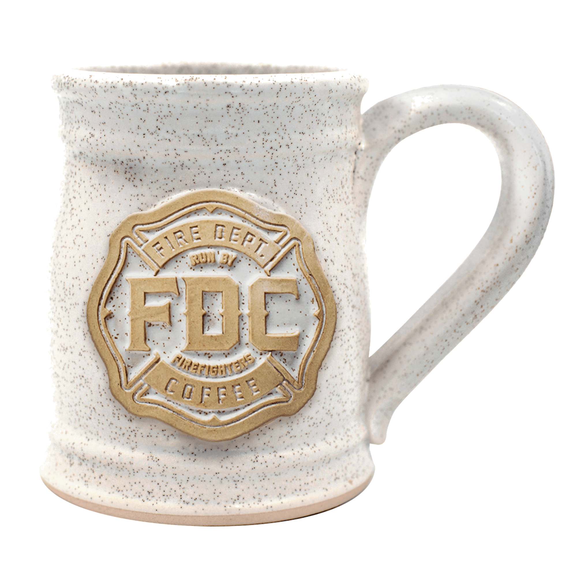 A white mug with black speckles and Fire Department Coffee's maltese cross logo painted in gold.