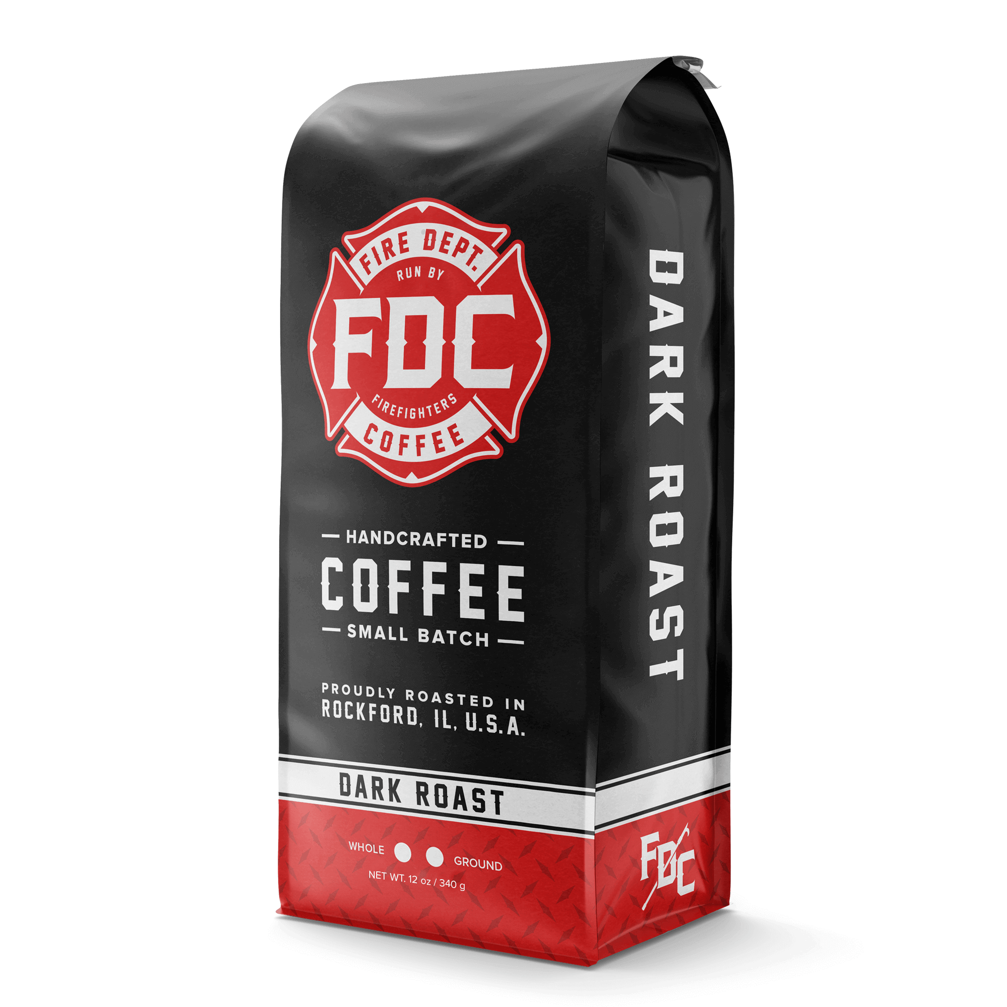 A 12 ounce package of Fire Department Coffee's Dark Roast.