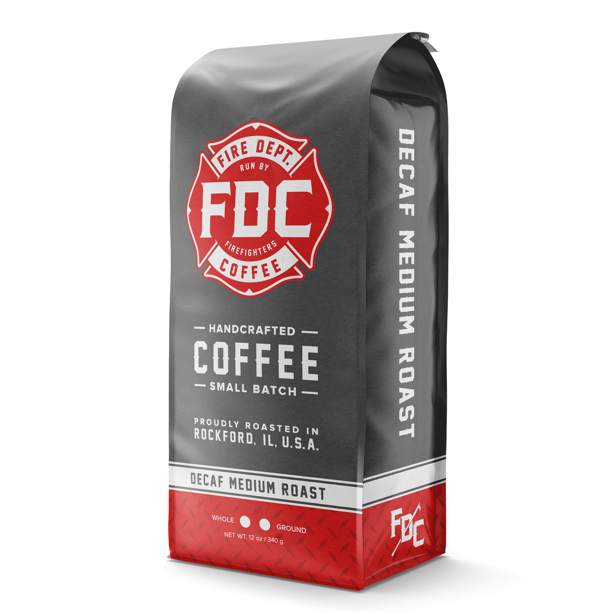 A 12 ounce package of Fire Department Coffee's Decaf Medium Roast.