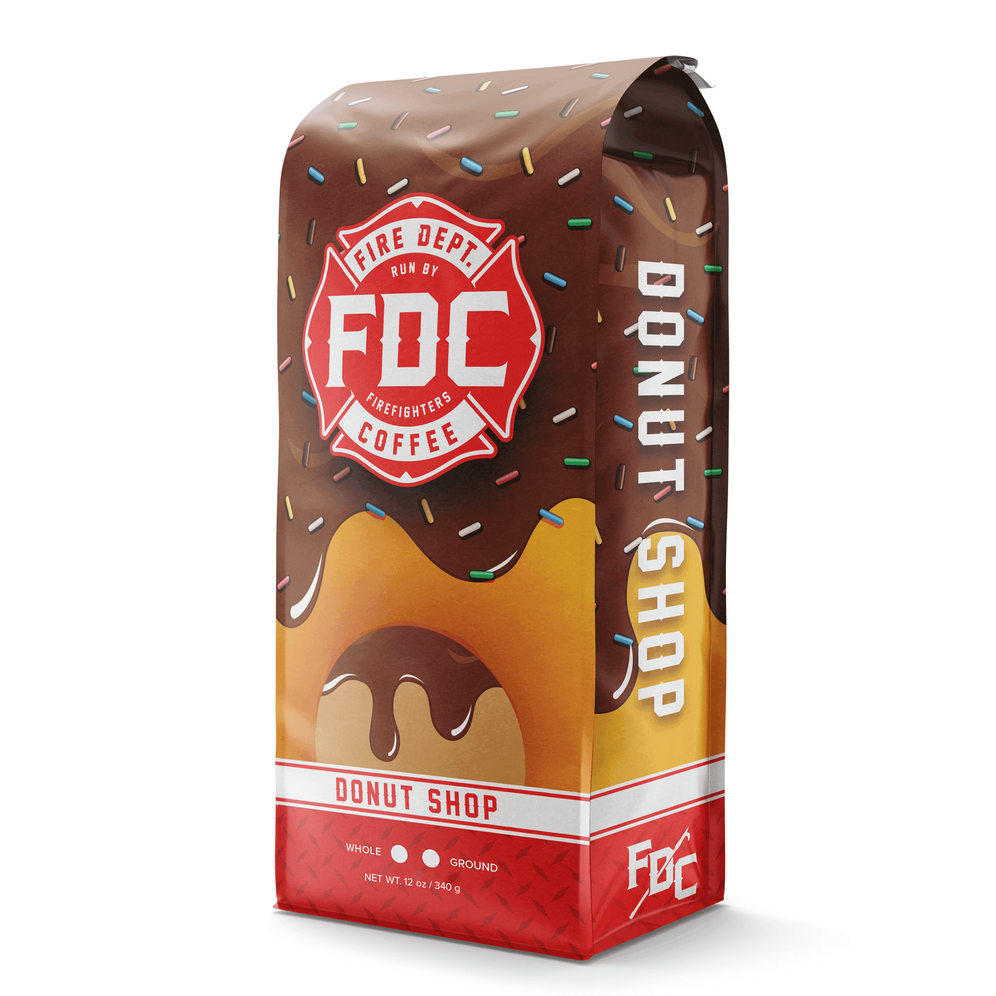 A 12 ounce package of Fire Department Coffee's Donut Shop Coffee.