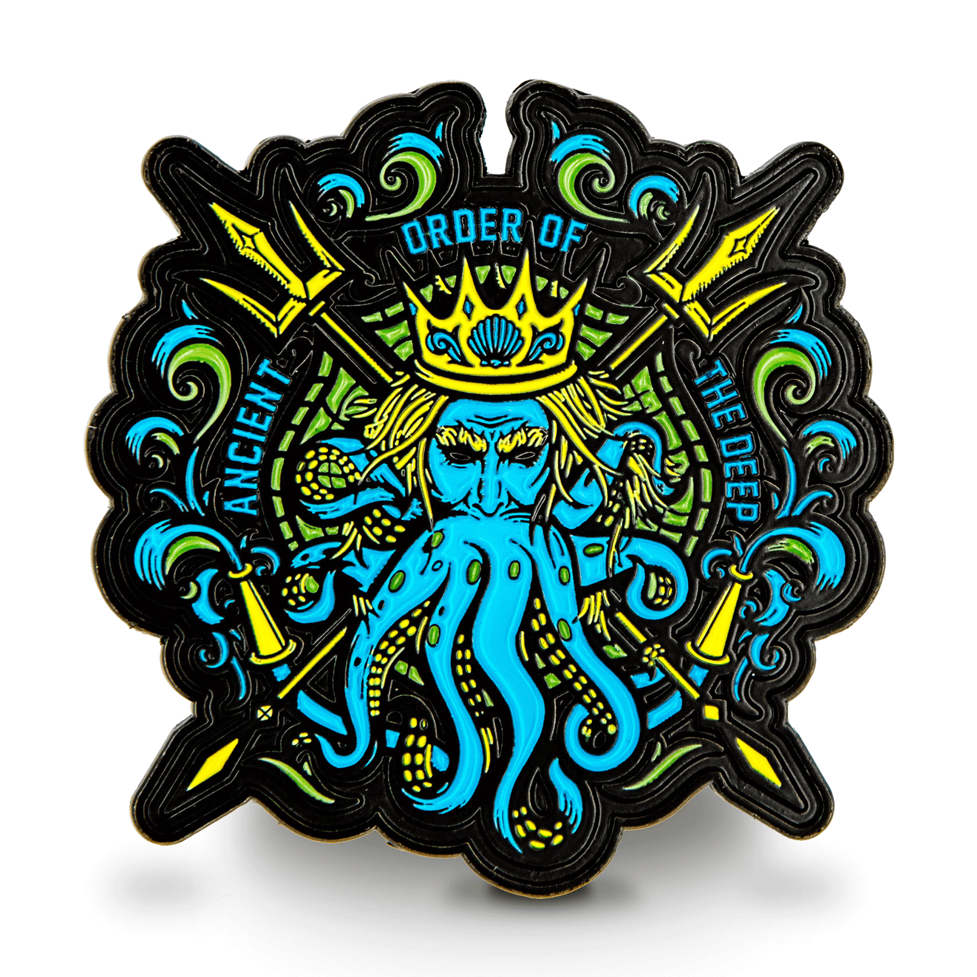 The Fire Department Coffee Shellback Challenge Coin featuring a blue octopus with a humanoid face wearing a crown and holding two tridents.
