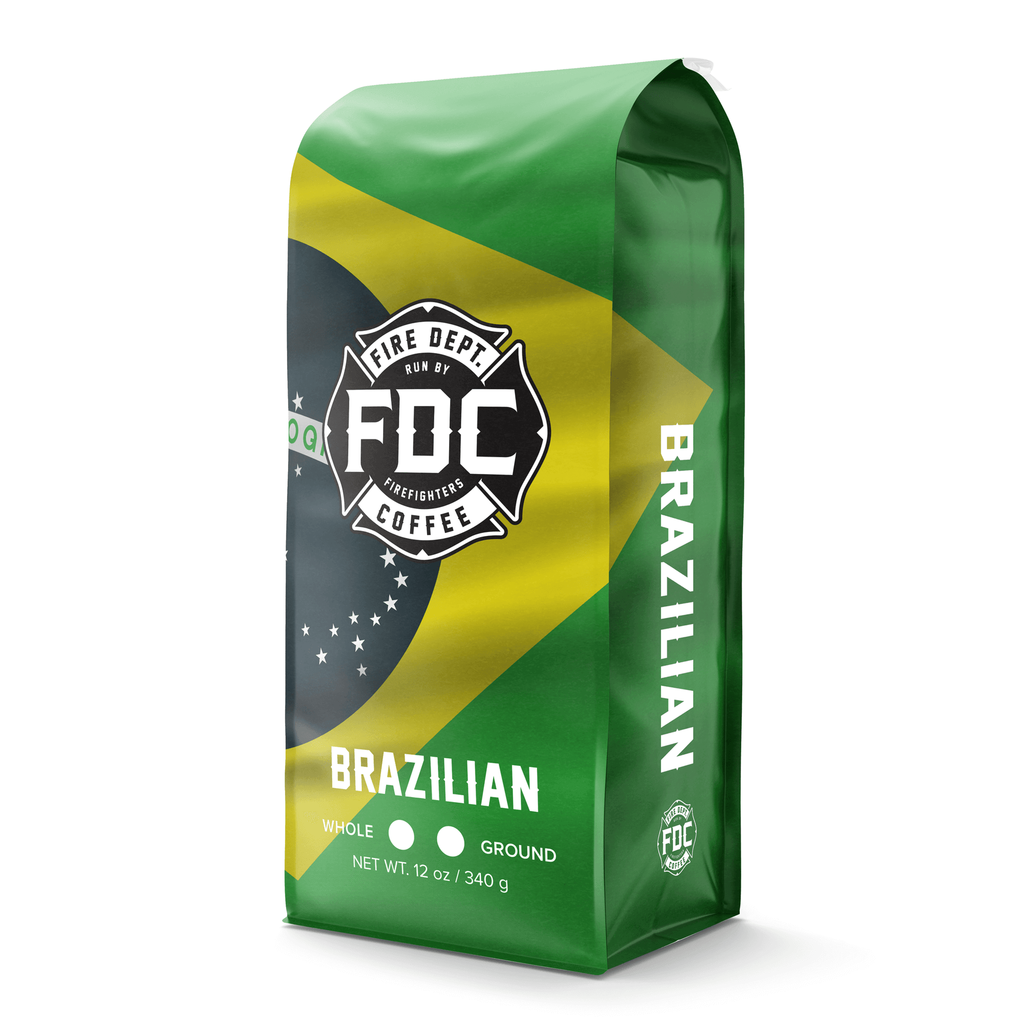 Fire Dept. Coffee's 12 ounce Brazilian Coffee in a rectangular package