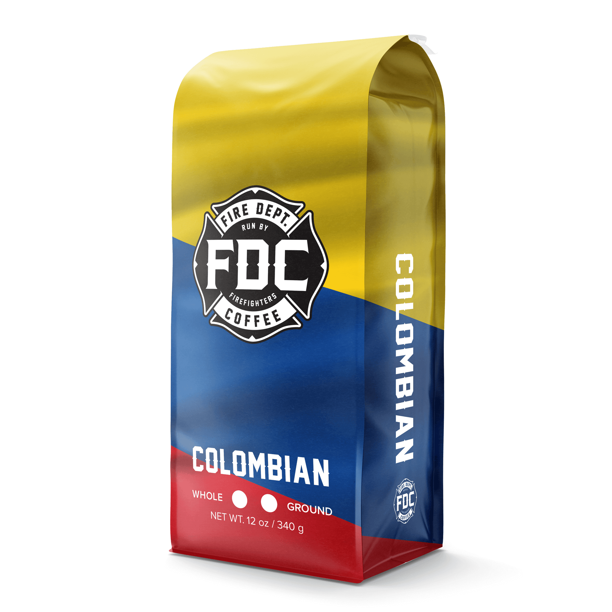 Fire Dept. Coffee's 12 ounce Colombian Coffee in a rectangular package with Colombian flag design.