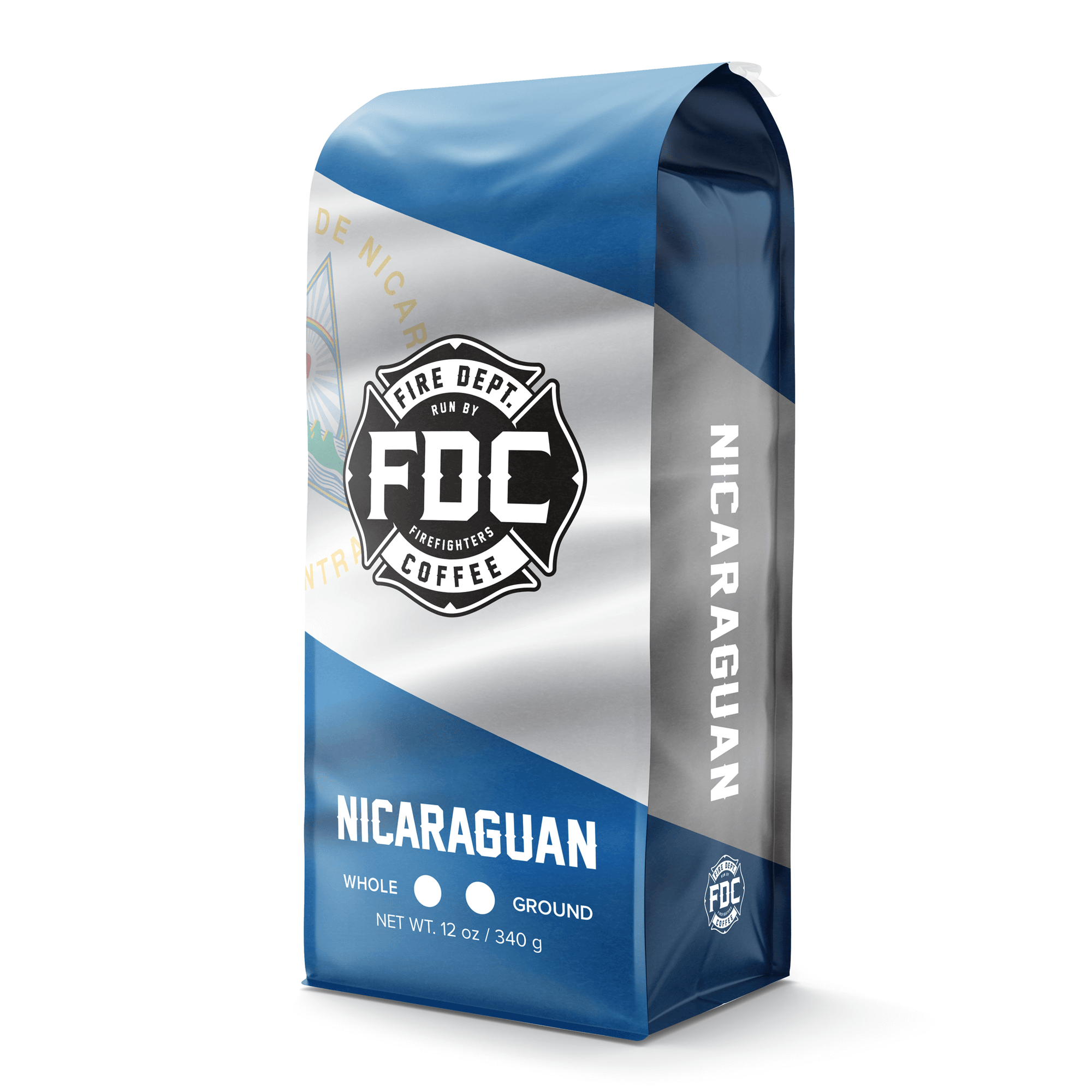 Fire Dept. Coffee's 12 ounce Nicaraguan Coffee in a rectangular package