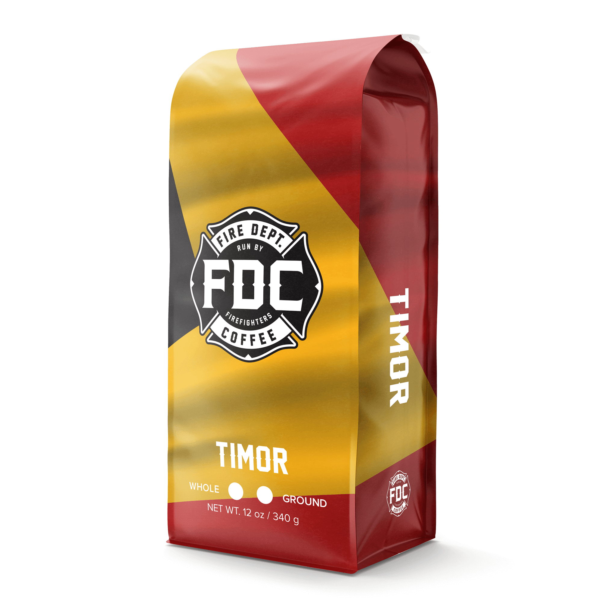 Fire Dept. Coffee's 12 ounce Timor Coffee in a rectangular package