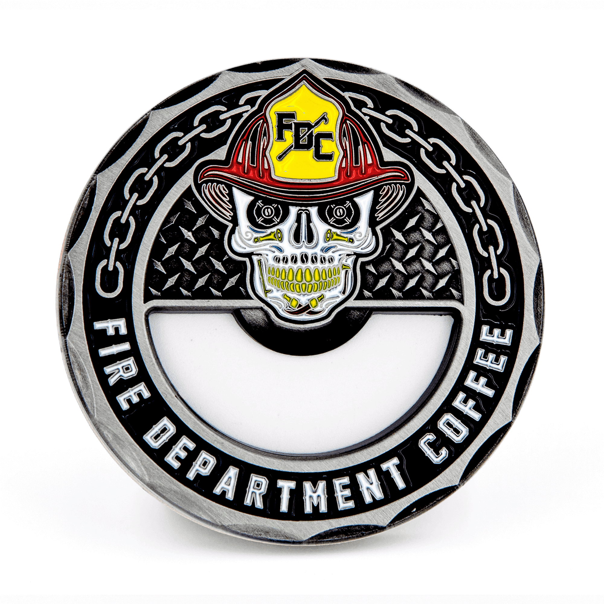 Fire department Coffee's Skull Challenge Coin featuring the Dead Before Coffee logo.