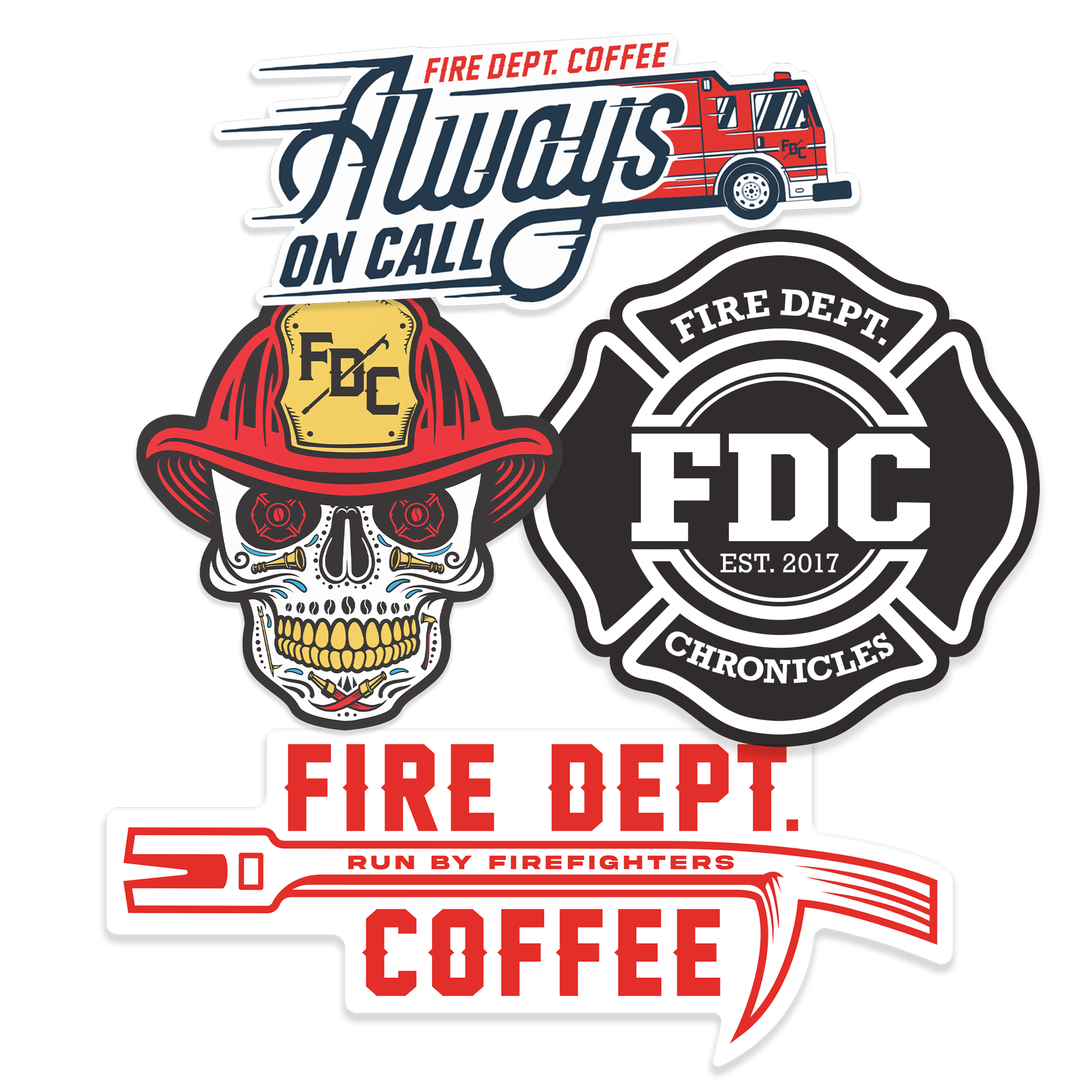 A collection of the stickers Fire Department Coffee sells.