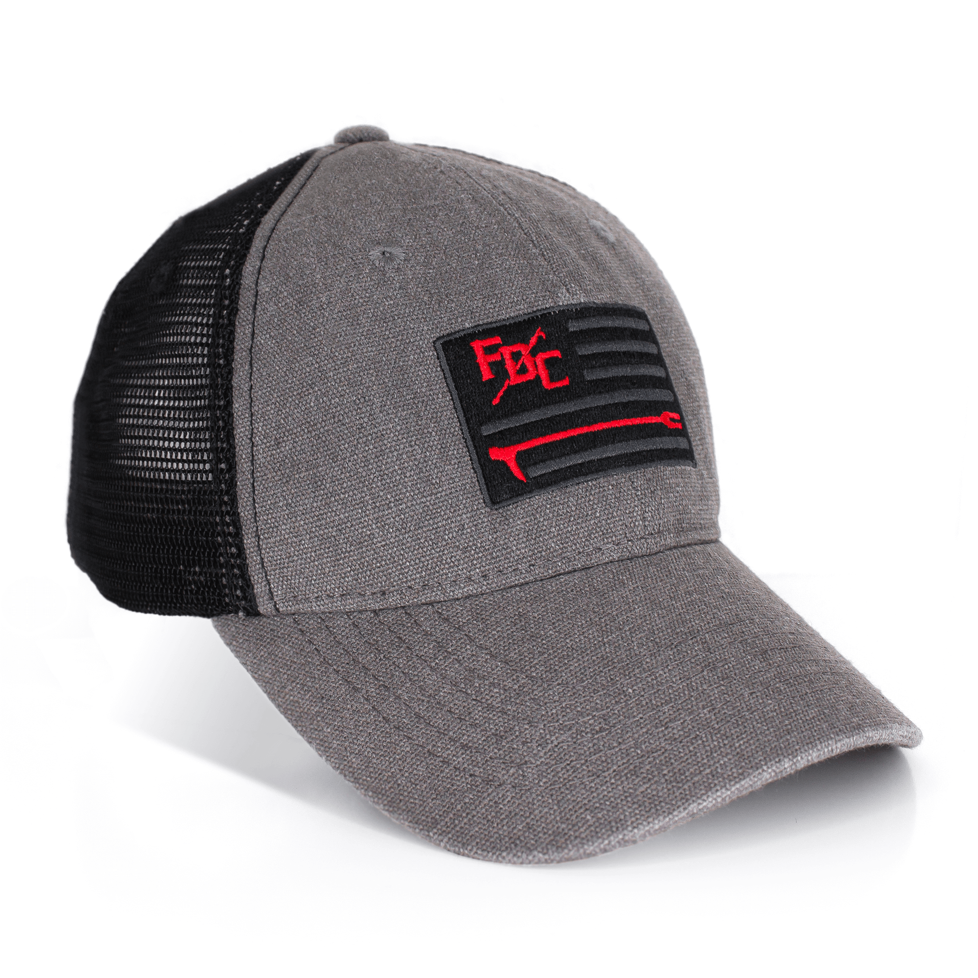 A gray thin red line hat featuring FDC's pike pole logo