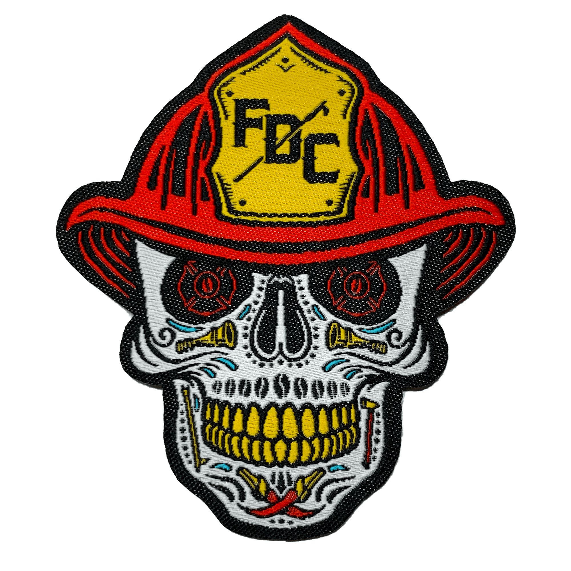 The Dead Before Coffee Logo, a skill wearing a fireman's helmet, on a patch